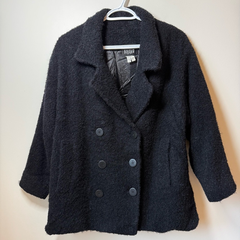 Eileen Fisher Black Textured Wool Pea Coat pockets lined classic